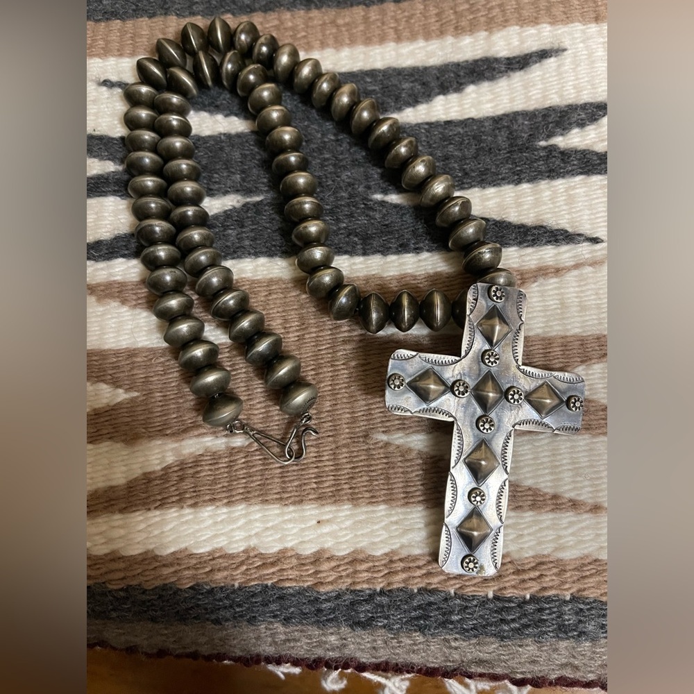 Native American Navajo Pearls with Matching Earrings and Stamped Cross Pendant